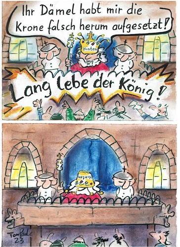 Cartoon: Lang lebe der König (medium) by TomPauLeser tagged lang,lebe,der,könig,palast,schloß,burg,balon,brüstung,krönung,krone,zepter,volk,volksmenge,wachen,schergen,diamanten,goldkrone,altertümlich,königreich,speier,wasserspeier