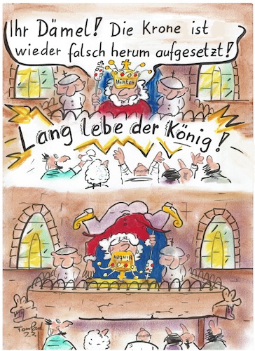 Cartoon: Lange lebe der König (medium) by TomPauLeser tagged lang,lebe,der,könig,palast,schloß,burg,balon,brüstung,krönung,krone,zepter,volk,volksmenge,wachen,schergen,diamanten,goldkrone,altertümlich,königreich,speier,wasserspeier