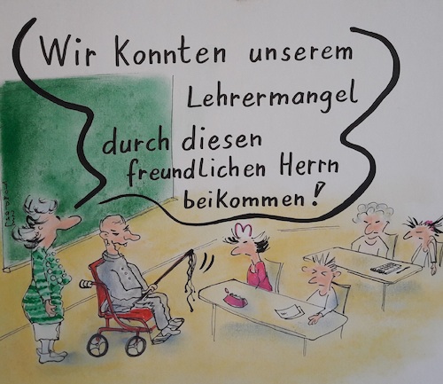 Cartoon: Lehrermangel (medium) by TomPauLeser tagged lehrermangel,schule,lehrer,reservist,reserve,unterricht,federmappe,federmäppchen,tafelkreide,lehren,lernen,schüler