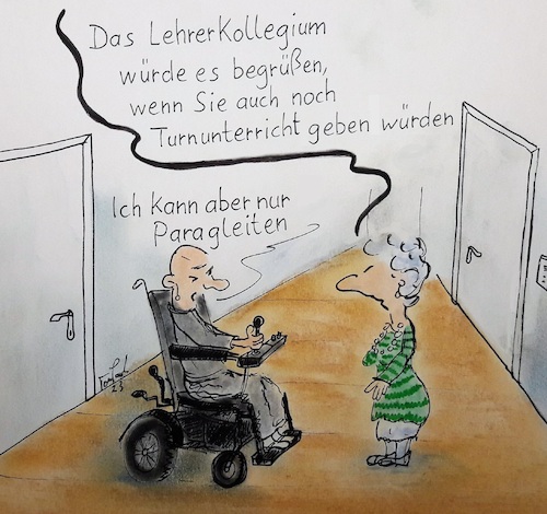 Cartoon: Lehrermangel (medium) by TomPauLeser tagged lehrermangel,paragleiten,paragliding,flur,schule,kollegium,lehrerkollegium,frage,turnen,turnunterricht,sportunterricht,rollstuhl,elektrorollstuhl