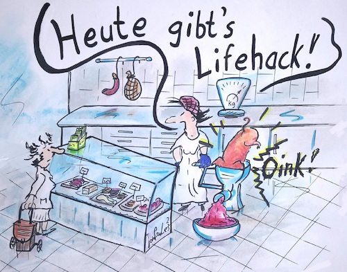 Cartoon: Lifehack (medium) by TomPauLeser tagged lifehack,lifehacks,vegetarier,metzger,metzgerei,fleisch,schwein,fleischfresser,theke,wurst,hack,hackfleisch,sprachverwirrung,einkaufen,fleischwaren,wursttheke,fleischtheke,fleischwolf