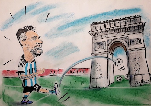 Cartoon: Lionel Messi (medium) by TomPauLeser tagged argentinien,wm,lionel,messi,weltmeister,arctriump,frankreich,paris,katar,ball,dubai,tompaul,thomas,leser,karikatur,cartoon