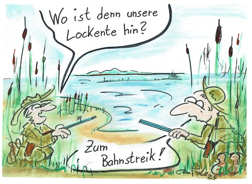 Cartoon: Lockente (medium) by TomPauLeser tagged lockente,entenjagt,bahnstreik,streik,ente,jäger,see,gewehr,jagtgewehr,gebüsch,rohrkolben,schilf