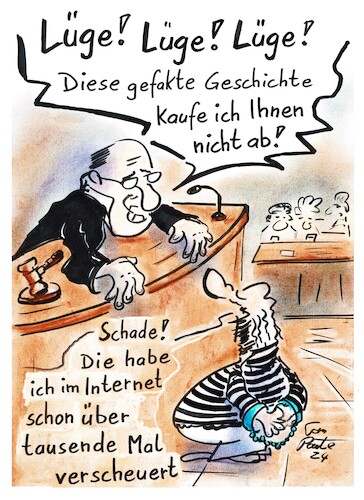 Cartoon: Lüge! (medium) by TomPauLeser tagged lüge,fake,richter,angeklagter,jury,richterpult,gerichtssaal,prozess,verteidigung,anwalt,richterliche,entscheidung,geschworene,handschellen,internet,internetkriminalität,darknet,internethandel,internetshop