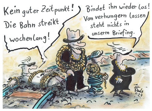 Cartoon: Maffiossos - Glück gehabt (medium) by TomPauLeser tagged maffiossos,glück,gehabt,bahn,bahnstreik,schienen,fessel,fesseln,seil,seilfessel,binden,losbinden,briefing