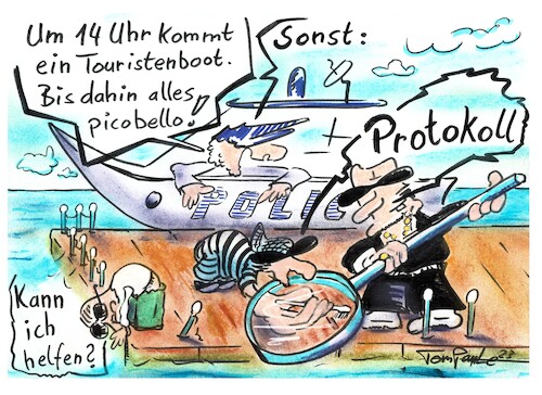 Cartoon: Maffiossos Alles Picobello (medium) by TomPauLeser tagged lupe,vergrößerungsglas,empfangsbestätigung,verordnung,picobello,schiff,boot,reinigung,strassenreinigung,zahnbürtse,polizeiboot,polizeischiff,protokoll,meer,kai,hafengebiet