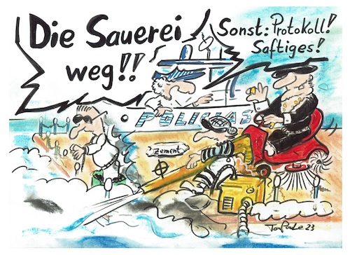 Cartoon: Maffiossos Die Sauerei muss weg (medium) by TomPauLeser tagged kehrmaschine,wasserdüse,spritzreinigung,gebäudereinigung,hochdruck,hochdruckreinigung,hochdruckreiniger,dampfreiniger,dampfreinigung,dampfer,polizeiboot,zementschleier,zement,mörtel,bodenreinigung,kehrer