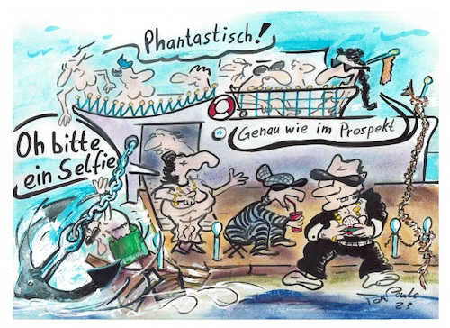 Cartoon: Maffiossos Die Touris kommen (medium) by TomPauLeser tagged maffiossos,touristen,boot,schiff,touristenboot,selfie,kai,pier,hafen