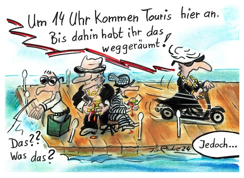 Cartoon: Maffiossos Es geht voran (medium) by TomPauLeser tagged maffiossos,pause,hamburger,touristen,uhr,uhrzeit,döner,fastfood,kai,hafen,pier,maffiaclan,italien,see,meer,scooter,roller,elektroroller