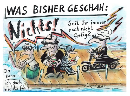 Cartoon: Maffiossos Es geht weiter (medium) by TomPauLeser tagged maffiossos,es,geht,weiter,nichts,nicht,meer,see,hafen,scooter,elektroroller,roller,stromfahrzeug,maffia,clan