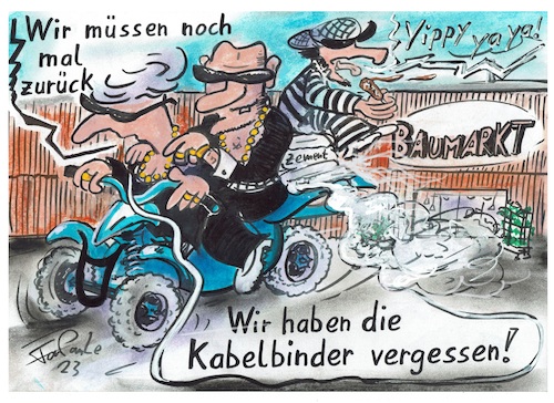 Cartoon: Maffiossos Kabelbinder (medium) by TomPauLeser tagged mafia,clan,knastbruder,sonnenbrillen,gestreift,goldkette,bruder,baumarkt,bau,zement,mörtel,gips,eis,am,stiel,stieleis,zementsack,zementsäcke,quad,allrad,motorrad,baucenter