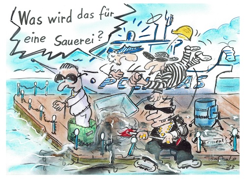 Cartoon: Maffiossos Sauerei (medium) by TomPauLeser tagged pier,kai,hafen,polizeiboot,polizei,polizeischiff,betonmidcher,zement,mörte,anmischen,mischung,maffiossos,sauerei,spaten,schüppe,werkzeug,meer,satelittenschüssel,g4,g5,g3,antenne,brei,zementschleiher,schleiher