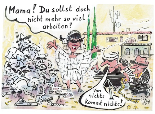 Cartoon: Maffiossos Viel Arbeit (medium) by TomPauLeser tagged mafia,clan,knastbruder,maschinenpistole,maschinengewehr,waffe,sonnenbrillen,gestreift,goldkette,leichen,leichenberg,casa,villa,tochter,bruder,balkon,nichts