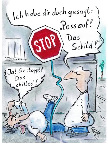 Cartoon: Mal wieder Kopfschmerzen (medium) by TomPauLeser tagged stopschild,verkehrsschild,chilled,chillen,pech,unglück,beule,kopfweh,kopfschmerz,schmerz,aufpassen,vorsicht