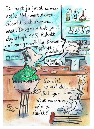 Cartoon: Mehrwertsteuer g astronomisch (medium) by TomPauLeser tagged mehrwertsteuer,gastronom,körperpflege,körperpflegeprodukte,pflegeprodukte,drogerie,drogerieartikel,gastronomiesterben,umsatzsteuer,prozent,19,wirt,bar,kneipe,restaurant,bushaltestelle,penunzen,kröten,geld,einnahme