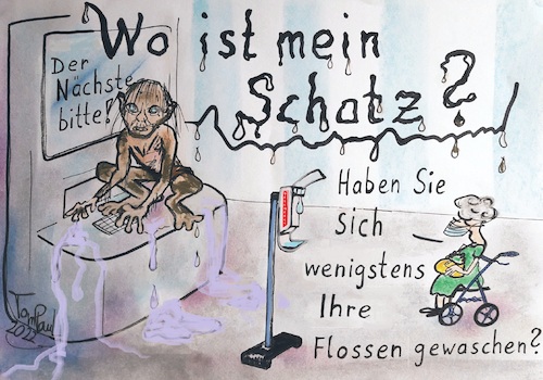 Cartoon: Am Geldautomat mein Schatz (medium) by TomPauLeser tagged schatz,geldautomat,gollum,desinfektion,desinfektionsständer,foyer,automat,oma,rollator,tasche,desinfektionsmittel,herr,ringe