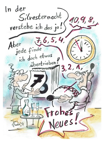 Cartoon: Jede Nacht (medium) by TomPauLeser tagged tageswechsel,kalender,tageskalender,abreißkalender,kalenderblatt,trommel,trommelwirbel,tagesanbruch,nachtschicht,meister,idiotie,nacht,mitternacht,uhr,wanduhr,paar,party,sekt,sektflasche,neujahr,neuanfang