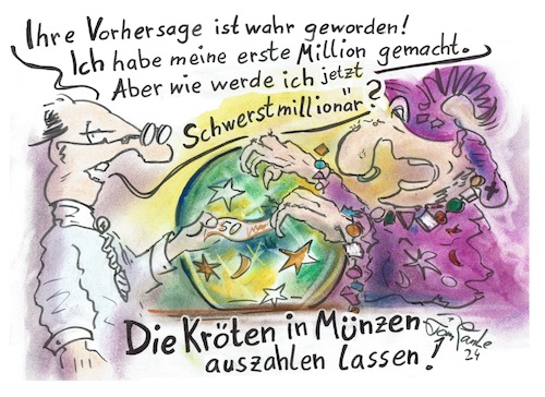 Cartoon: Millionär sein ist schwer (medium) by TomPauLeser tagged millionär,sein,ist,schwer,million,geld,scheine,münzen,bargeld,bares,wahrsagung,wahrsager,wahrsagen,astrologisch,astrologie,kristallkugel,magie,zauberei