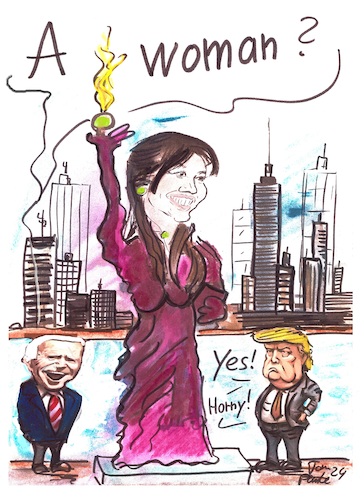 Cartoon: Mitstreiterin (medium) by TomPauLeser tagged nicole,shanahan,mitstreiterin,us,wahlkampf,kennedy,jr,präsidentschaftswahl,usa,biden,trump,women,philanthropin,kanditat,kanditatur,freiheitsstatue,republikaner,humor,illustration,karikatur,klima,tagescartoon,wahl,wahlen,man,woman,präsidentin,prä