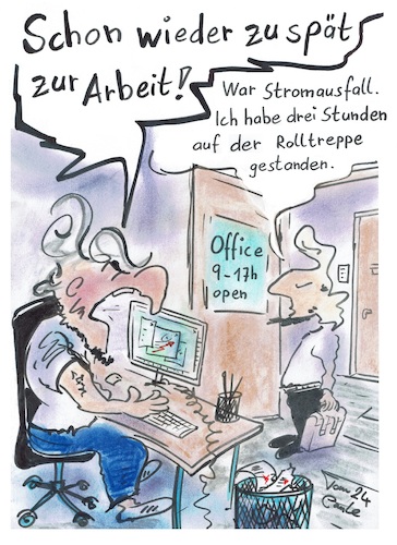 Cartoon: Montag morgens (medium) by TomPauLeser tagged montagmorgens,montag,morgens,zu,spät,verspätung,arbeit,fehlstunden,freistunden,rolltreppe,büro,office,schwänzen,blaumachen,fehlen,versäumen,papierkorb,rechner,pc,bürostuhl,bürotisch,computertisch,nine,to,five,ninetofive,aktentasche,wütend,wut