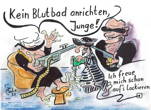 Cartoon: Maffiossos - Nagelpflege (medium) by TomPauLeser tagged pediküre,maniküre,nagelpflege,fußnagel,fußnägel,stichsäge,stichsägeblatt,blutbad,mafia,clan,knastbruder,maschinenpistole,maschinengewehr,waffen,sonnenbrillen,schalldämpfer,pistole,colt