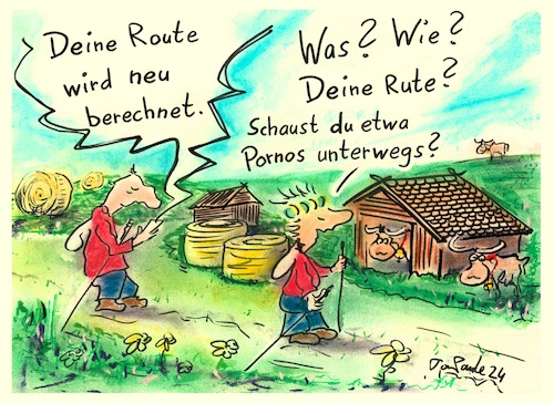 Cartoon: Neu berechnet (medium) by TomPauLeser tagged tour,navi,planer,planung,plan,route,rute,porno,pornografie,wanderung,alm,strohballen,stroh,strohrollen,heuballen,heurolle,unterwegs,kuh,kühe,kuhglocke,wiese,gras