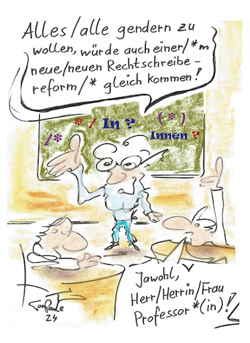 Cartoon: Neue Rechtschreibereform (medium) by TomPauLeser tagged rechtschreibereform,reform,rechtschreibung,uni,schule,büro,symposium,professor,professur,hörsaal,jawoll,herrin,frau,mann,pangender