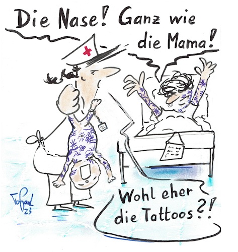 Cartoon: Neugeborenes (medium) by TomPauLeser tagged baby,neugeborenes,kreißsaal,tattoo,hebamme,vererbung,genetisch