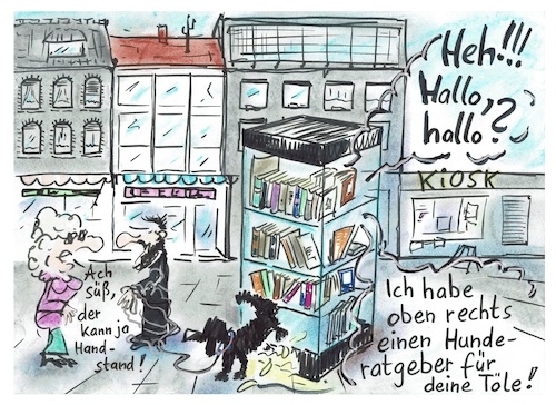 Cartoon: Neulich am Bücherschrank (medium) by TomPauLeser tagged bücherschrank,buchschrank,innenstadt,fußgänger,fußgängerzone,einkaufsstraße,buch,bücher,remittende,schinken,ratgeber,ratgeberbuch,hund,schnauzer,riesenschnauzer,hundeführer,hundeschule