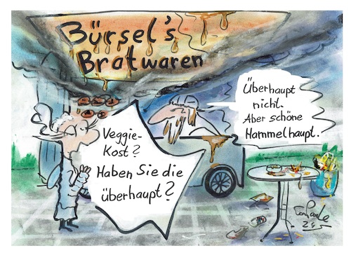 Cartoon: Neulich an Bürsels Bratbude (medium) by TomPauLeser tagged bratbude,überhaupt,haupt,hammel,hammelhaupt,fett,bratfett,vegan,vegetarisch,vegetarier,kost,marktwagen,marktbeschicker,dönerbude,frittenbude,pommesbude