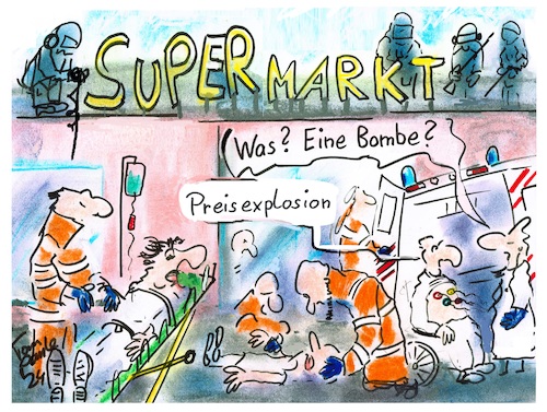 Cartoon: Neulich beim Supermarkt (medium) by TomPauLeser tagged preise,preiserhöhung,lebensmittelpreis,steigerung,preissteigerung,inflation,supermarkt,discounter,rettungsteam,rettungswagen,sanitäter,notdienst,einsatz,einsatzfahrzeuge,infusion,trage,rettungsdecke,ohnmacht,bombe,expolsion,terror,sek,polizeieinsatz,warnung,doktor,arzt