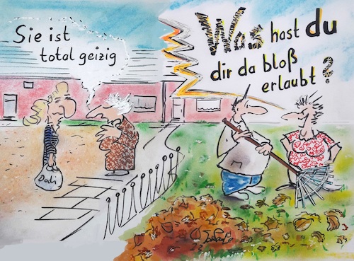 Cartoon: Nochmal erlauben (medium) by TomPauLeser tagged laub,geiz,geizig,erlauben,laubharke,gartenarbeit,laubhaufen,kompost,siedlung,nachbar,nachbarin