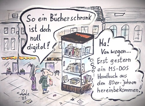 Cartoon: Null digital (medium) by TomPauLeser tagged bücherschrank,bücher,analog,digital,marktplatz,buchschrank,lesen,msdos,dos,computerhandbuch,handbuch,software,programmiersprache,humor,illustration,jugendliche,internet,karikatur,kinder,tagescartoon