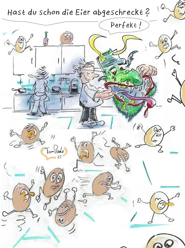 Cartoon: Ostern vorbei (medium) by TomPauLeser tagged eier,abschrecken,wortspiel,eierschreck,eierkochen,küche,schreck,maske,schreckensmaske,erschrecken,schlapplachsachen,satire,tompaule,gekochtes,ei,kochen,brühen