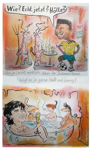 Cartoon: Pele ade (medium) by TomPauLeser tagged pele,südamerika,diego,maradonna,hölle,teufel,pferdefuss,wirlpool,sekt,sektempfang,caipirinha,strohhalm,mädchen,heiss,hitze,vorhof,höhle,stehtisch,tompaul,thomas,leser,thomasleser,leserderzeichner,cartoon,karikatur,karikaturist,cartoonist