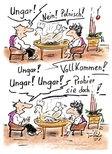 Cartoon: Polnische Gans (medium) by TomPauLeser tagged polnische,gans,ungar,ungarn,gekocht,gebraten,weihnachtsgans,gefüllt,kerzen,kerzenlicht,weihnachtsessen