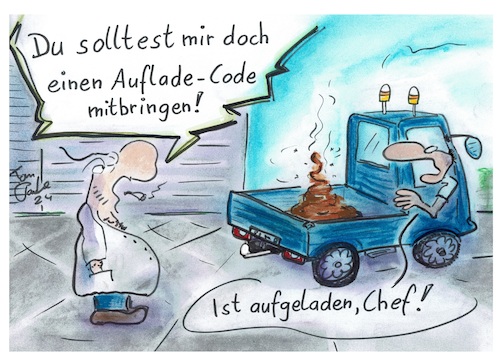 Cartoon: Prepaid-Handy (medium) by TomPauLeser tagged prepaidhandy,prepaidkarte,prepaid,laufzeit,datenvolumen,handyvetrag,kot,code,scheisse,lastwagen,lkw,unimog,chef,rolltor,werkstatt,auftrag,meister,geselle,auszubildender