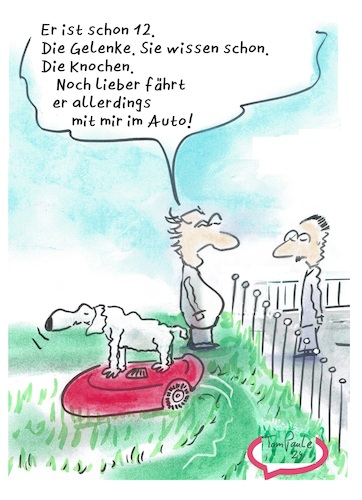 Cartoon: Rasenroboter (medium) by TomPauLeser tagged rasenroboter,mähroboter,hund,gassifahren,gassigehen,tompaule,satire,roboter,rasen,rasenmäher,schlapplachsachen,wiese,mähen,zaun