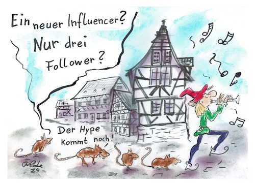 Cartoon: Rattenplage (medium) by TomPauLeser tagged influencer,hype,follower,hameln,kammerjäger,ratten,ratte,rattenfänger,fänger,flöte,märchen,sage,frühzeitlich,fachwerk,fachwerkhaus,altstadt