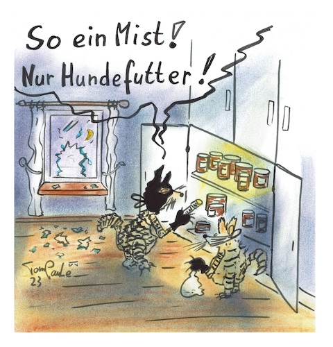 Cartoon: Raubkatzen (medium) by TomPauLeser tagged raubkatzen,katzen,räuber,nacht,glasschaden,hundefutter,katzenfutter,futterdose,futterschrank,glasscherben,scherben,mond,mondlicht,taschenlampe,vorhänge,gardinen,fensterbrett,zerschlagen,zerbrochen,glas,katze,nachtkatzen