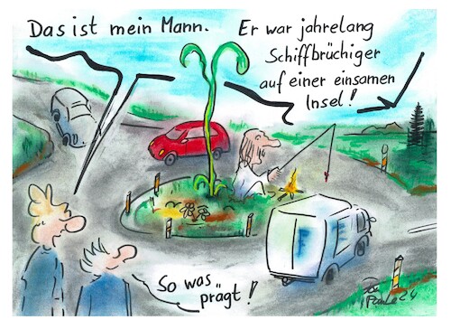 Cartoon: Reif für die Insel (medium) by TomPauLeser tagged insel,verkehrsinsel,verkehrsfluss,kreisel,verkehrskreisel,katzenauge,schiffbrüchiger,lagerfeuer,feuerstelle,angel,angeln,lieferwagen,pkw,inselbewohner