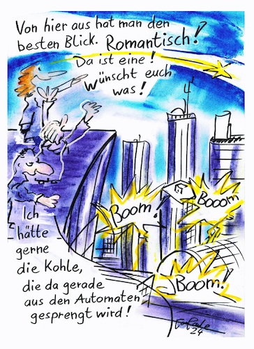 Cartoon: Romantische Nacht (medium) by TomPauLeser tagged geldautomat,fahrkartenautomat,sprengung,bankenviertel,dach,dachterasse,skyline,sternschnuppe,sterngucker,astronom,astronomie,romantik,romantisch,sachschaden,geldschaden,finanzschäden