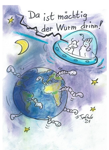 Cartoon: Rundum madig (medium) by TomPauLeser tagged erde,planet,mond,made,madig,rundum,mächtig,macht,ufo,afrika,amerika,südamerika,europa,russland,australien,ozeanien,china,asien,kontinent,naher,osten,arktis,antarktis,raumschiff,alien,außerirdische,außerirdisch,würmer,wurm,wurmbefall,faul,fraßschäden,fäulnis,besucher,cartoonkarikatur,pressezeichnung,farbcartoon,tagescartoonbaum,bäume,naturschutz,umweltschutz,wald,wälder,urwald,regenwald,amazonas,welt,weltproblem,problemwelt