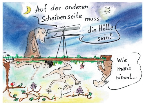 Cartoon: Scheiblinge - Der Irrtum (medium) by TomPauLeser tagged paradies,hölle,unterseite,irrtum,falsch,fehler,begriff,scheibe,scheibenseite,nackt,fkk,nackig,nackte,apfel,paradiesaüfel,weintrauben,reben,weinstock,apfelbaum,forscher,theologe,wissenschaftler,assistent,gras,liegen,sonnen,sonnenbad,lebensfreude,unfreude,fernrohr,teleskop,altertum,antike