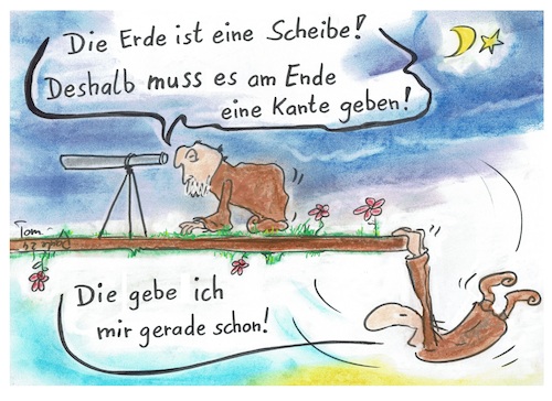 Cartoon: Scheiblinge kantig (medium) by TomPauLeser tagged kante,geben,erde,kantig,rand,erdrand,erdkante,ende,erdseite,weltanschauung,welt,weltbild,endkante,scheiblinge,scheibe,forscher,teleskop,fernrohr,wissenschaft,berechnung