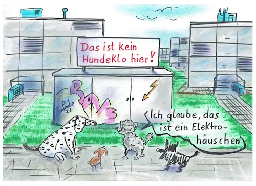 Cartoon: Schlaue Hunde (medium) by TomPauLeser tagged pudel,dalmatiner,schnauzer,pintscher,wohnanlage,wohnblock,grünanlage,wiese,rasen,rasenanlage,mietshaus,häuserblock,transformator,stromhäuschen,elektrohäuschen,hundekot,verbot,verbotsschild,briefkasten,briefkastenanlage,plattenbau