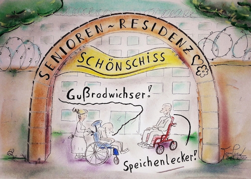 Cartoon: Seniorenresidenz - Folge 3076 (medium) by TomPauLeser tagged senioren,senior,seniorenheim,altenheim,motorrad,motorradfahrer,speichenrad,speichenfelgen,rollstuhl,rollator,gussfelgen,gussrad