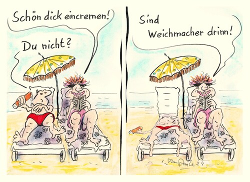 Cartoon: Sonnenbad (medium) by TomPauLeser tagged sonnencreme,sonnenbad,sonnenbaden,pressezeichnung,bräunen,badehose,bikini,badeanzug,sonnengel,sonne,meer,strand,sonnenschirm,sonnenschutz,uvschutz,uv,schutz,schutzsalbe,creme,weichmacher,weich,sonnenliege,strandliege,strandurlaub,meerurlaub,krampfadern