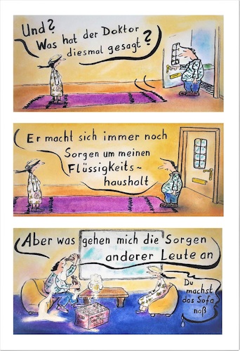 Cartoon: Sorgen (medium) by TomPauLeser tagged trinken,arzt,doktor,sofa,couch,flüssigkeit,flüssigkeitshaushalt,sorgen,untersuchung,alkohol,bier,schaum,bierschaum,wasser,wasserhaushalt,teppich