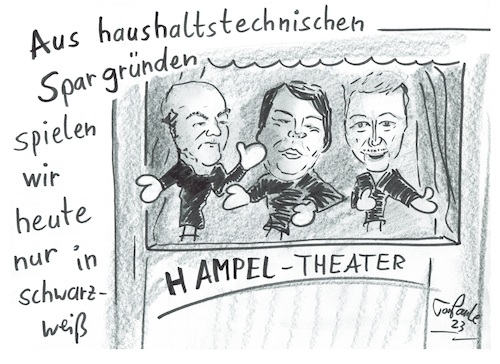 Cartoon: Sparmaßnahmen (medium) by TomPauLeser tagged ampel,ampelkoalition,regierung,bundesregierung,ampelregierung,kasperletheater,puppentheater,puppenspiel,puppenbühne,kasperlebühne,kasperlefiguren,handspielfigur,haushaltstheater,haushalt,schwarzweiß,spieln,theaterspielen,olaf,scholz,fdp,spd,grüne